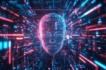 Fototapeta premium A futuristic AI-powered robotic neural network, composed of glowing cybernetic circuits, pulsating digital energy streams, and swirling holographic data pathways. The high-tech abstract background