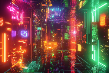 High-tech abstract background with a 3D-rendered floating circuit board, neon pathways, and luminous electric pulses traveling through the complex structure. The cybernetic design includes holographic