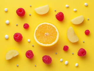 A vibrant yellow background with an array of fresh fruits, vegetables, and legumes on the right side, leaving space for text or graphics in the center. 