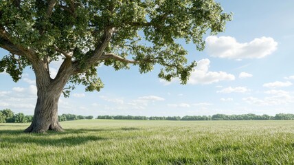 Obraz premium Peaceful rural landscape with a solitary tree under a clear sky, capturing the essence of nature's tranquility.