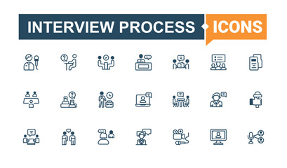 Interview Process icon collection. Contains related to class, leader, conference, contract, business, room, training and more. Set of line pictogram. Solid line editable stroke. Vector collection.