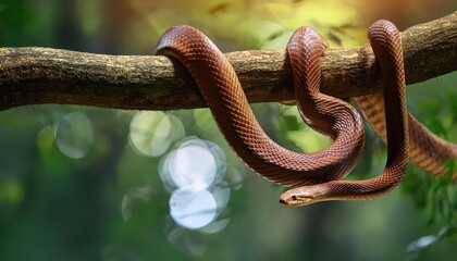 Obraz premium Striped Brown Serpent Suspended in Forests Canopy, Illuminating Camouflage and Grace amidst Dappled Shadows