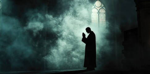 Fototapeta premium Medieval man praying in front of a church, mysterious foggy background with smoke, dramatic religious scene, dark atmospheric illustration