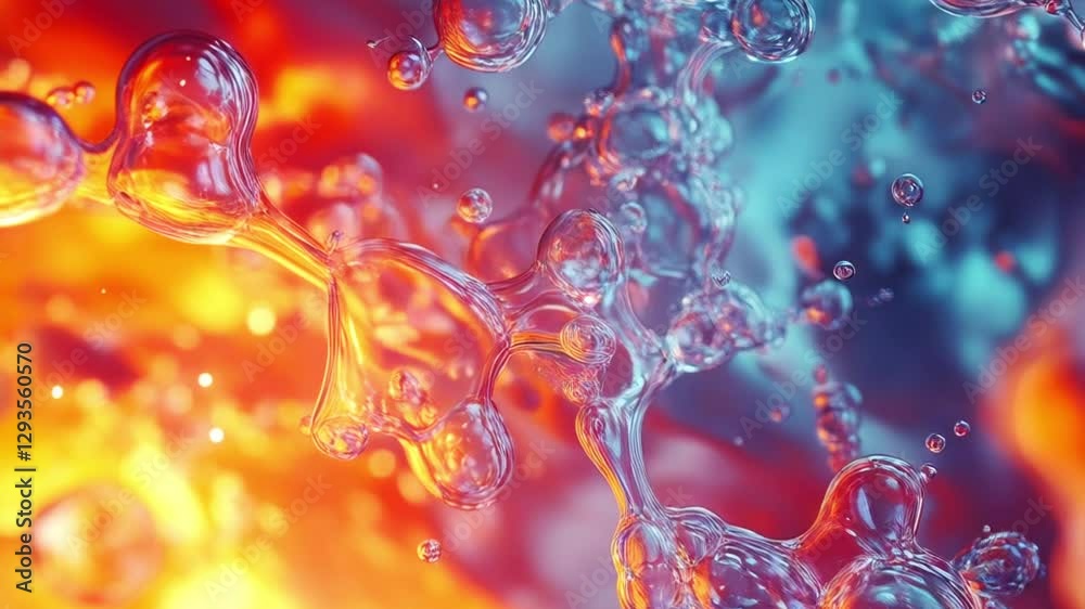 Aufkleber animation of shimmering bubbles forming fluid, organic shapes in zero gravity. deep blues and glowin