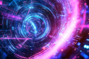 A mesmerizing technology-themed abstract backdrop with swirling digital waves, vibrant neon colors, intricate circuit-like patterns, and soft futuristic lighting. Sci-fi aesthetics, modern