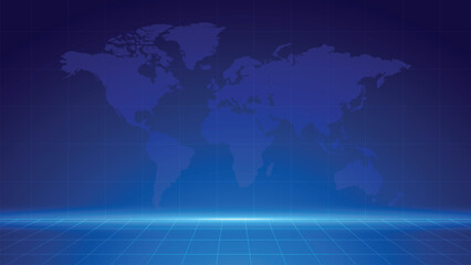Blue Digital World Map with Glowing Grid Background