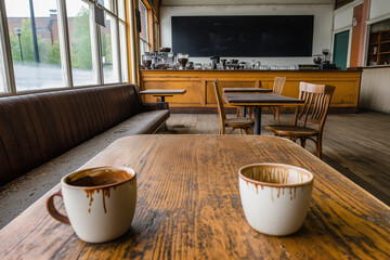 Abandoned coffee shop seating area reveals remnants of former warmth and conversation