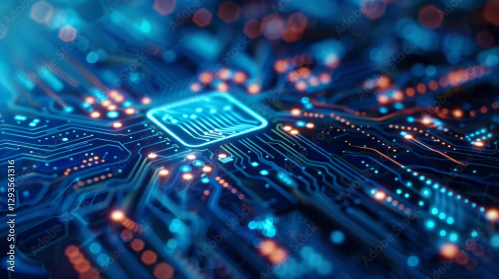 Poster exploring intricate circuitry on a glowing microchip with vivid