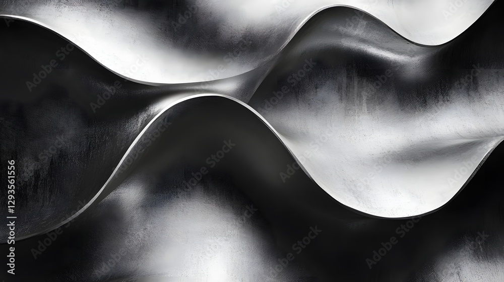 Poster Abstract image of metallic waves, showcasing texture and form in shades of gray. Modern and elegant design. Abstract Metal Wave Forms: A Study in Gray Tones