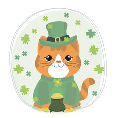 Happy leprechaun kitty with gold coins, shamrocks, and green hat, St. Patrick’s Day illustration, Irish holiday theme, lucky charm, cheerful and joyful atmosphere, cartoon-style festive greeting.