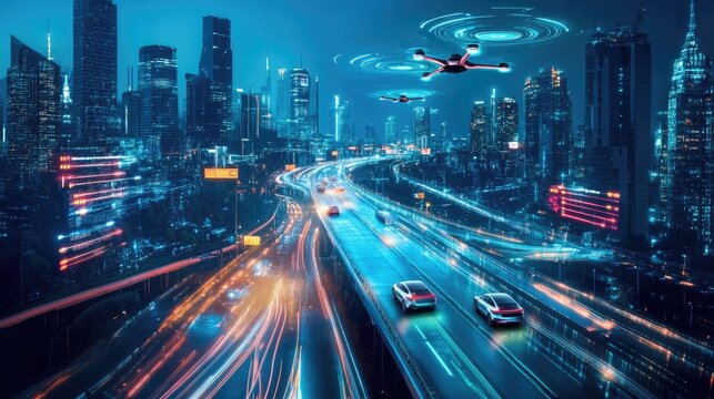 A high-tech futuristic city with sleek autonomous cars cruising along glowing roads and drones zipping between neon skyscrapers