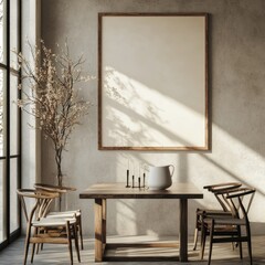 A white framed picture hangs on a wall. The picture is empty. A table with four chairs is in front of the picture. A vase with flowers sits on the table. There are candles on the table as well