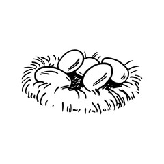 Vector engraved illustration Nest with chicken Eggs on isolated background. Concept for Easter holiday and egg production, food. Design element for card, logo, sign, label, flyer, print, paper 