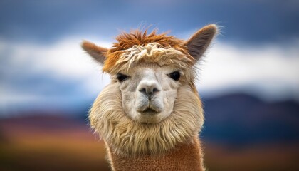Obraz premium Playful Alpaca Braving the Windy South American Day, Capturing Joy and Resilience in Highland Scenery with Earthy Tones.