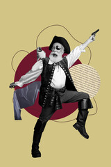 Poster photo vertical collage of happy pirate old man halloween party celebration hold weapon duel...