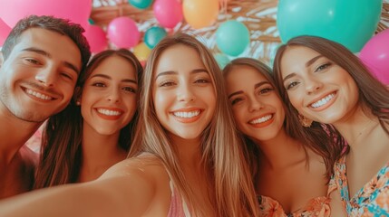 Fototapeta premium Joyful friends celebrating birthday with colorful balloons and laughter