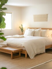 A Bright Bedroom with Decorative White Bedding and Plants