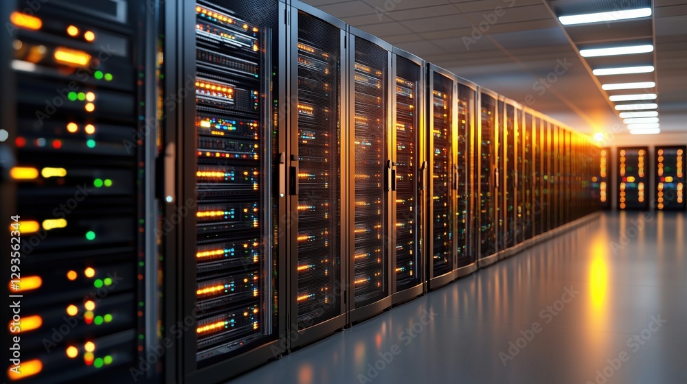 Poster high-tech data center with rows of servers, bright lighting, and network cables for cloud computing 
