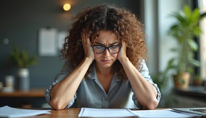 Curly-haired businesswoman overwhelmed at office desk. Woman holds head feeling frustration, worry about business failure. Stressed adult student with learning difficulties, academic exam