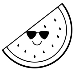 A watermelon slic with tiny sunglasses line art vector illustration 