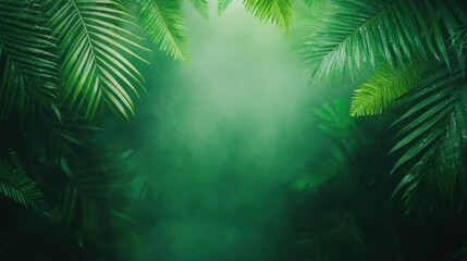 Obraz premium Heavy tropical rain falling on vibrant jungle foliage, with misty air and wet leaves shimmering under soft natural lighting,