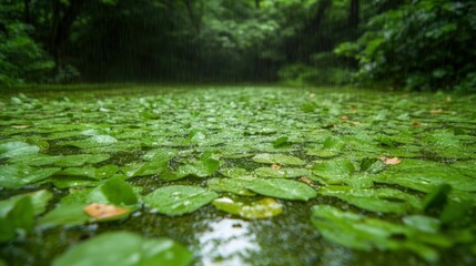 Lush green jungle with rainfall and wet leaves in a serene tropical setting