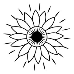 Bright sunflower with rays of light line art vector illustration 