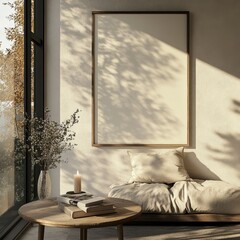 A white framed picture sits on a table next to a couch. The couch is covered in white pillows