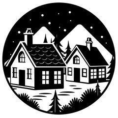 Cozy countryside cottages silhouette vector illustration