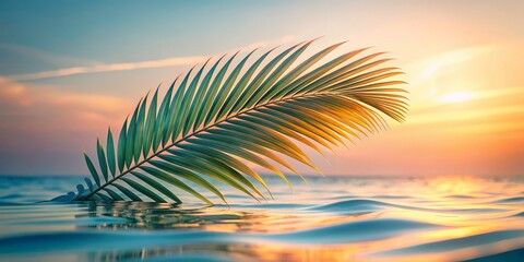 Serene Palm Leaf Silhouetted Against a Colorful Sunset Over Water