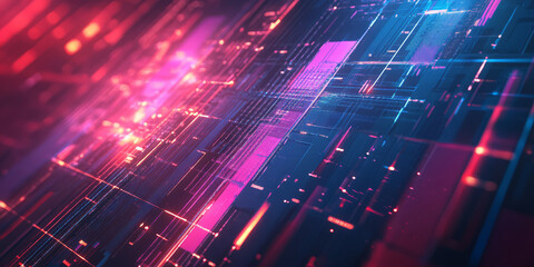 Obraz premium A sleek and ultra-modern abstract background with a smooth gradient of soft neon hues, subtly blending into an intricate grid of glowing cybernetic pathways. The seamless fusion of digital elements