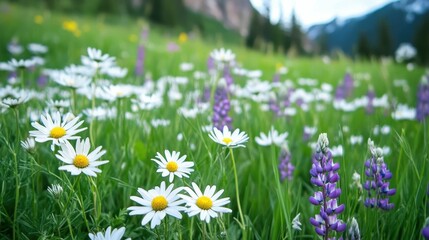 Fototapeta premium Colorful alpine meadow filled with daisies and lupines, surrounded by dramatic mountain cliffs under soft natural lighting,