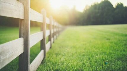 Fototapeta premium Misty morning on a peaceful farm, with a rustic wooden fence and dew-covered grass, surrounded by soft natural light,