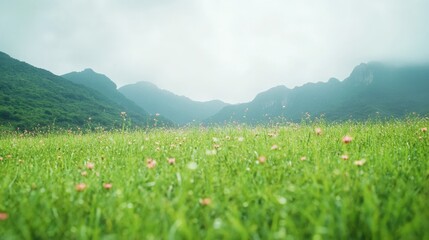 Obraz premium Colorful wildflower field stretching across a lush mountain landscape, illuminated by soft natural tones and surrounded by serene peaks,