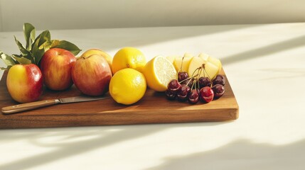 Close-up of a rustic serving tray with assorted fruits including apples, lemons, and cherries, a knife placed alongside, vibrant tones highlighted by bright natural light,
