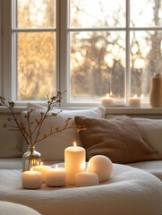 Candles illuminate a table beside a sunlit window