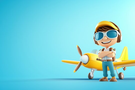 Cartoon pilot standing next to airplane bright sky animated character cheerful environment playful concept for kids