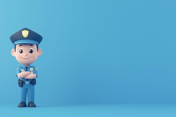Fototapeta premium Confident cartoon police officer city streets character illustration blue background front view occupation and cartoon concept