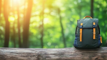Close-up of a hiking backpack resting on a log, minimalist and vibrant outdoor composition with natural light