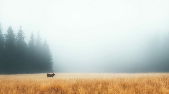 Misty farm landscape featuring a grazing cow in a foggy pasture, surrounded by tall grass and soft natural lighting, - Powered by Adobe