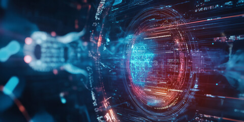 Obraz premium A futuristic AI-powered augmented reality interface, featuring glowing cybernetic holograms, pulsating digital information overlays, and swirling quantum-enhanced data visualizations. The high-tech