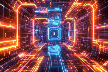 High-tech abstract background with a 3D-rendered floating circuit board, neon pathways, and luminous electric pulses traveling through the complex structure. The cybernetic design includes holographic