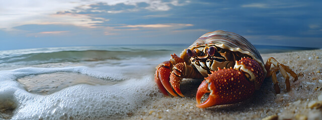 A hermit crab, its shell is white and has orange legs walking along the sandy beach

