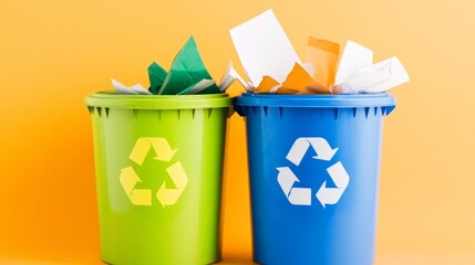 Colorful recycling bins filled with paper waste against a bright orange background