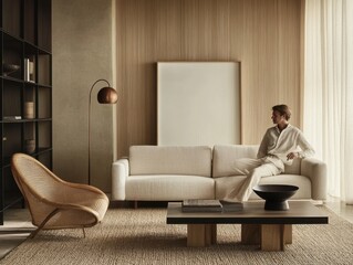 A man is sitting on a couch in a living room. The couch is white and the man is wearing a white shirt. There is a coffee table in front of the couch and a bowl on it