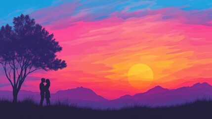 A romantic silhouette of a couple embracing at sunset on a hilltop, vibrant sky and serene surroundings,