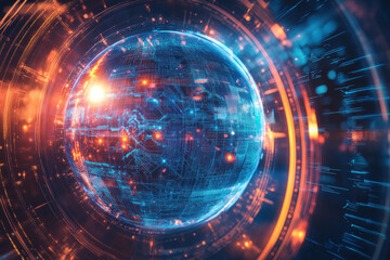 Obraz premium A mesmerizing futuristic AI-driven data sphere, surrounded by swirling cybernetic energy trails, glowing holographic blockchain symbols, and pulsating deep learning networks. The high-tech abstract
