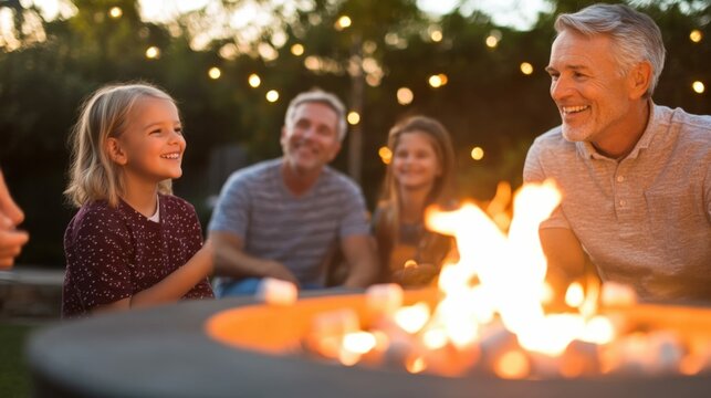 Family gathered around a firepit outside, sharing stories and marshmallows, warm and joyful outdoor atmosphere with soft natural lighting