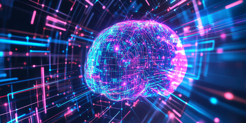 Fototapeta premium A glowing futuristic AI-powered neurotechnology interface, featuring cybernetic direct brain-to-computer communication pathways, pulsating holographic cognitive processing grids, and swirling