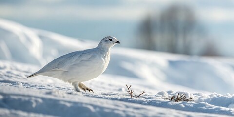 White bird walking on snowy ground, surrounded by soft light.